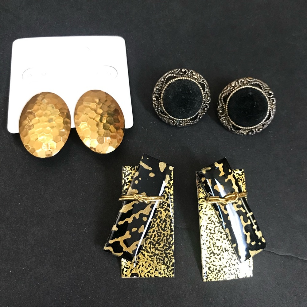 Lot of 3 Vintage Black Gold Tone Earrings 80s 90s Retro Chunky Bold Statement